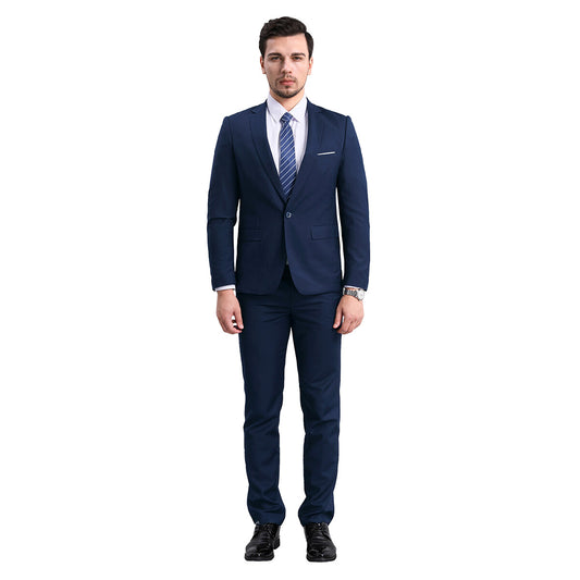 Navy # Men's slim fit 2-piece simple designed suit with peaked lapel and button closure, navy formal blazer jacket with four-button cuffs and matching flat-front trousers with extended waist strap and slanted side pockets, elegant polyester viscose blend suit for business, wedding, office and daily wear, isolated on white background.