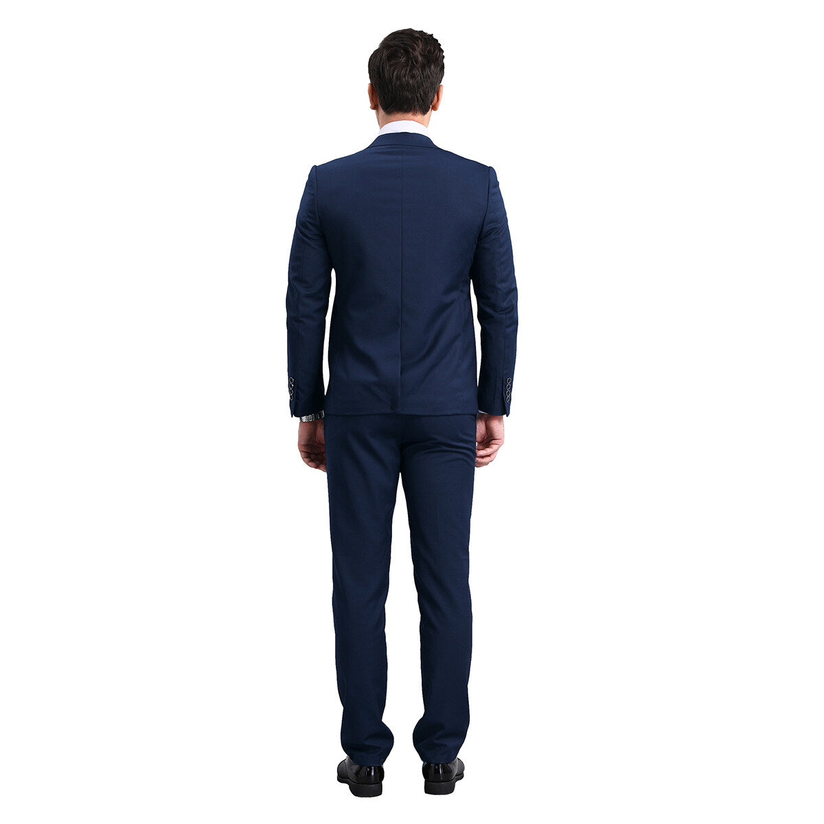 Navy # Men's slim fit 2-piece simple designed suit with peaked lapel and button closure, navy formal blazer jacket with four-button cuffs and matching flat-front trousers with extended waist strap and slanted side pockets, elegant polyester viscose blend suit for business, wedding, office and daily wear, isolated on white background.