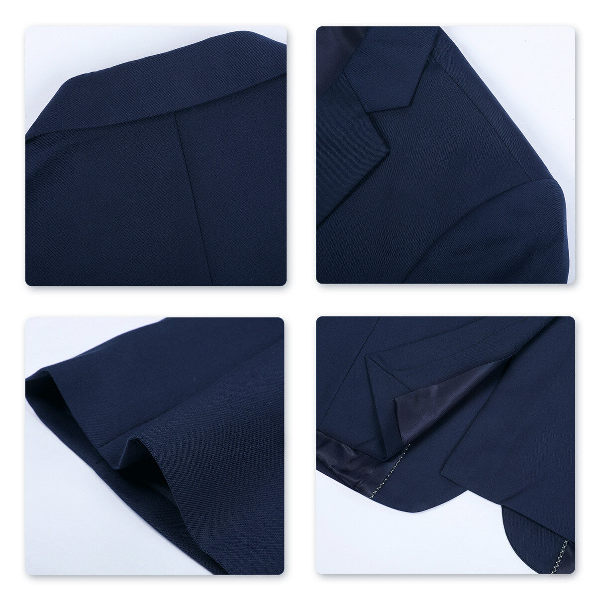 Navy # Men's slim fit 2-piece simple designed suit with peaked lapel and button closure, navy formal blazer jacket with four-button cuffs and matching flat-front trousers with extended waist strap and slanted side pockets, elegant polyester viscose blend suit for business, wedding, office and daily wear, isolated on white background.