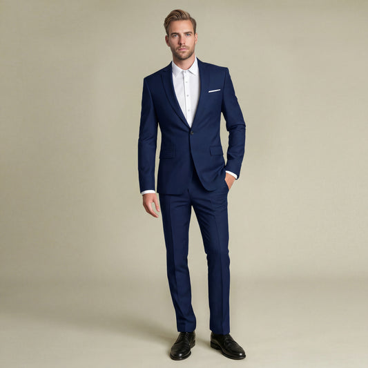 Navy # Men's slim fit 2-piece simple designed suit with peaked lapel and button closure, navy formal blazer jacket with four-button cuffs and matching flat-front trousers with extended waist strap and slanted side pockets, elegant polyester viscose blend suit for business, wedding, office and daily wear, isolated on white background.