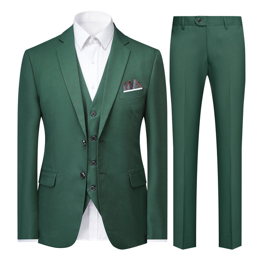 Green # Men's slim fit 3-piece notched lapel casual suit, solid green blazer jacket with matching vest and flat-front trousers, classic modern business formal wear set for office, wedding, party and daily events, isolated on white background.