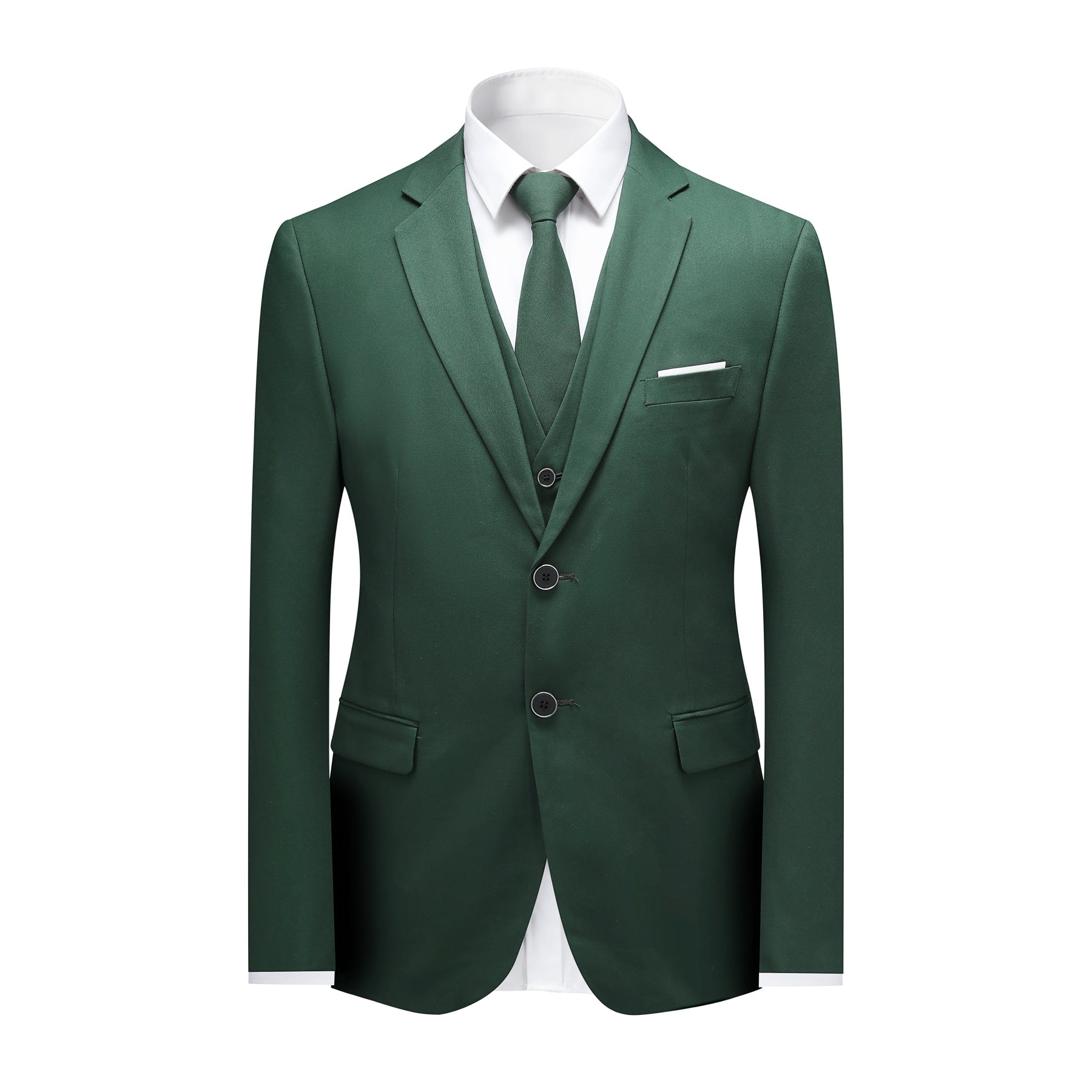 Green # Men's slim fit 3-piece notched lapel casual suit, solid green blazer jacket with matching vest and flat-front trousers, classic modern business formal wear set for office, wedding, party and daily events, isolated on white background.
