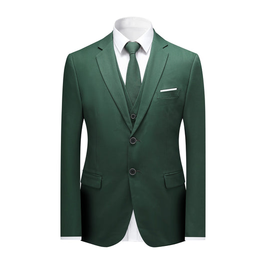 Green # Men's slim fit 3-piece notched lapel casual suit, solid green blazer jacket with matching vest and flat-front trousers, classic modern business formal wear set for office, wedding, party and daily events, isolated on white background.