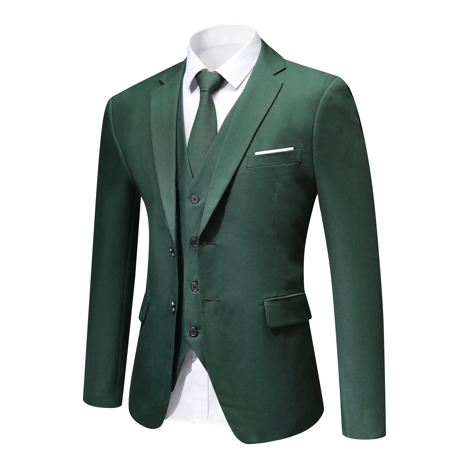 Green # Men's slim fit 3-piece notched lapel casual suit, solid green blazer jacket with matching vest and flat-front trousers, classic modern business formal wear set for office, wedding, party and daily events, isolated on white background.