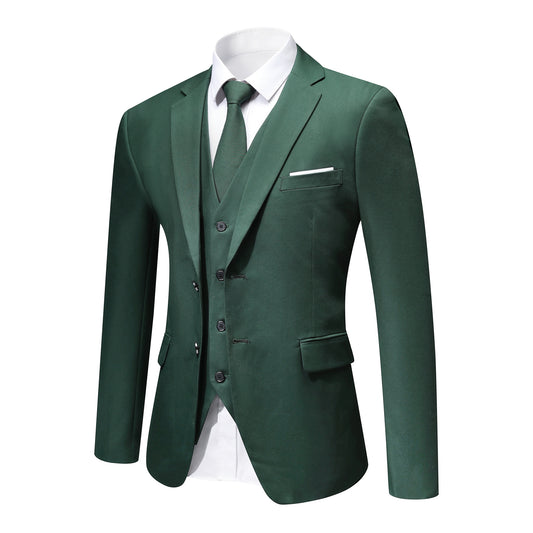 Green # Men's slim fit 3-piece notched lapel casual suit, solid green blazer jacket with matching vest and flat-front trousers, classic modern business formal wear set for office, wedding, party and daily events, isolated on white background.