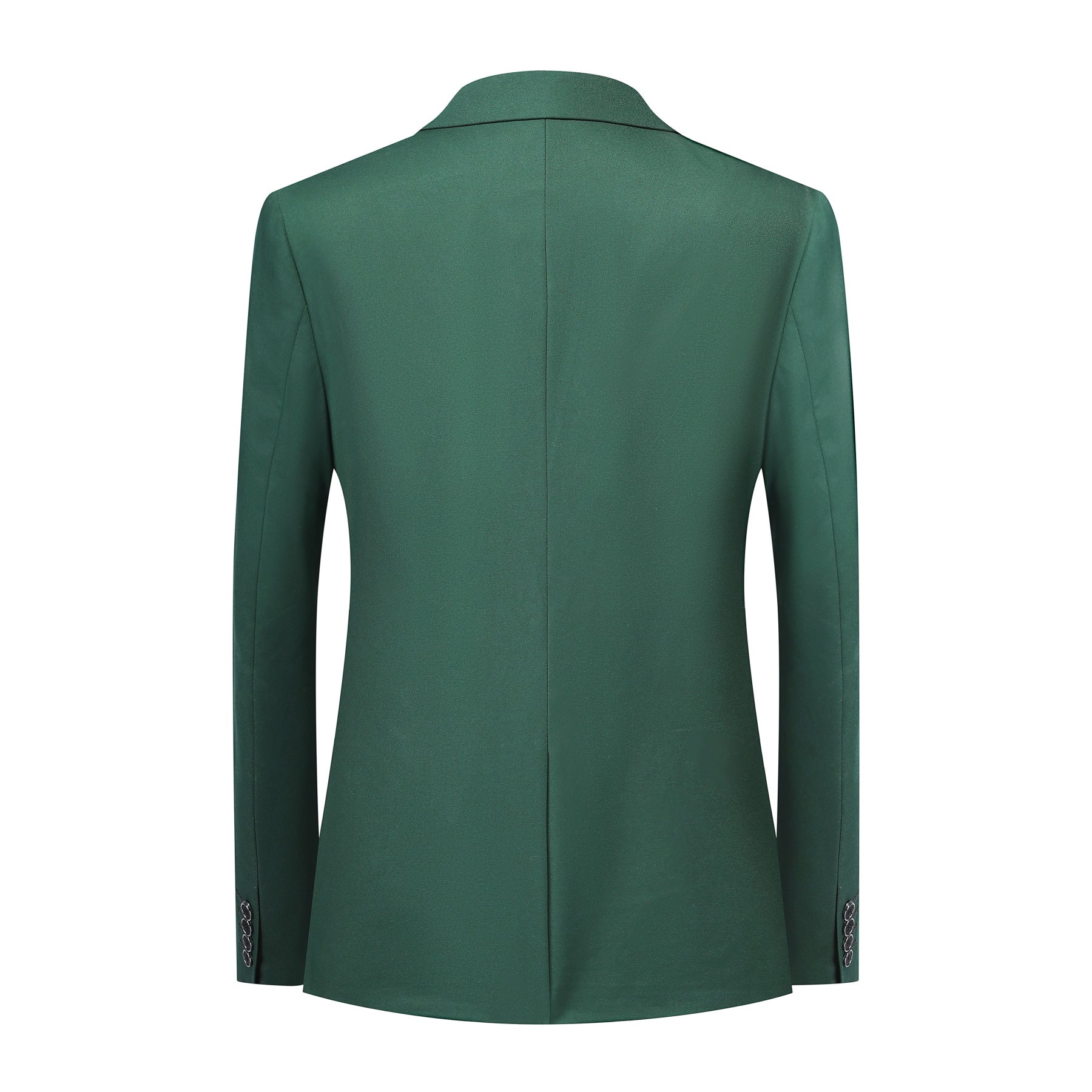 Green # Men's slim fit 3-piece notched lapel casual suit, solid green blazer jacket with matching vest and flat-front trousers, classic modern business formal wear set for office, wedding, party and daily events, isolated on white background.