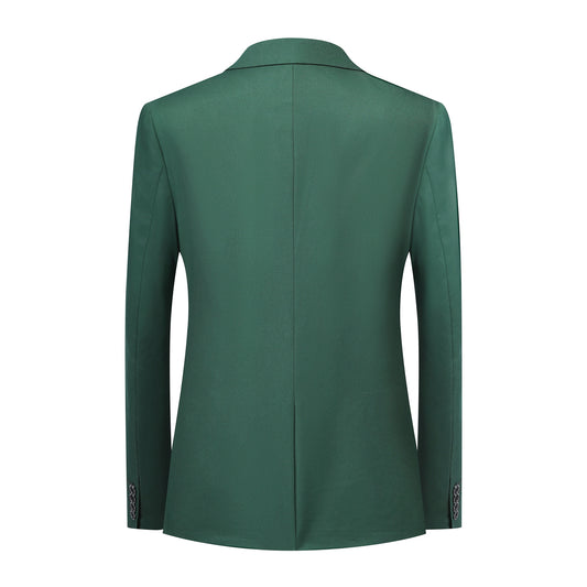 Green # Men's slim fit 3-piece notched lapel casual suit, solid green blazer jacket with matching vest and flat-front trousers, classic modern business formal wear set for office, wedding, party and daily events, isolated on white background.
