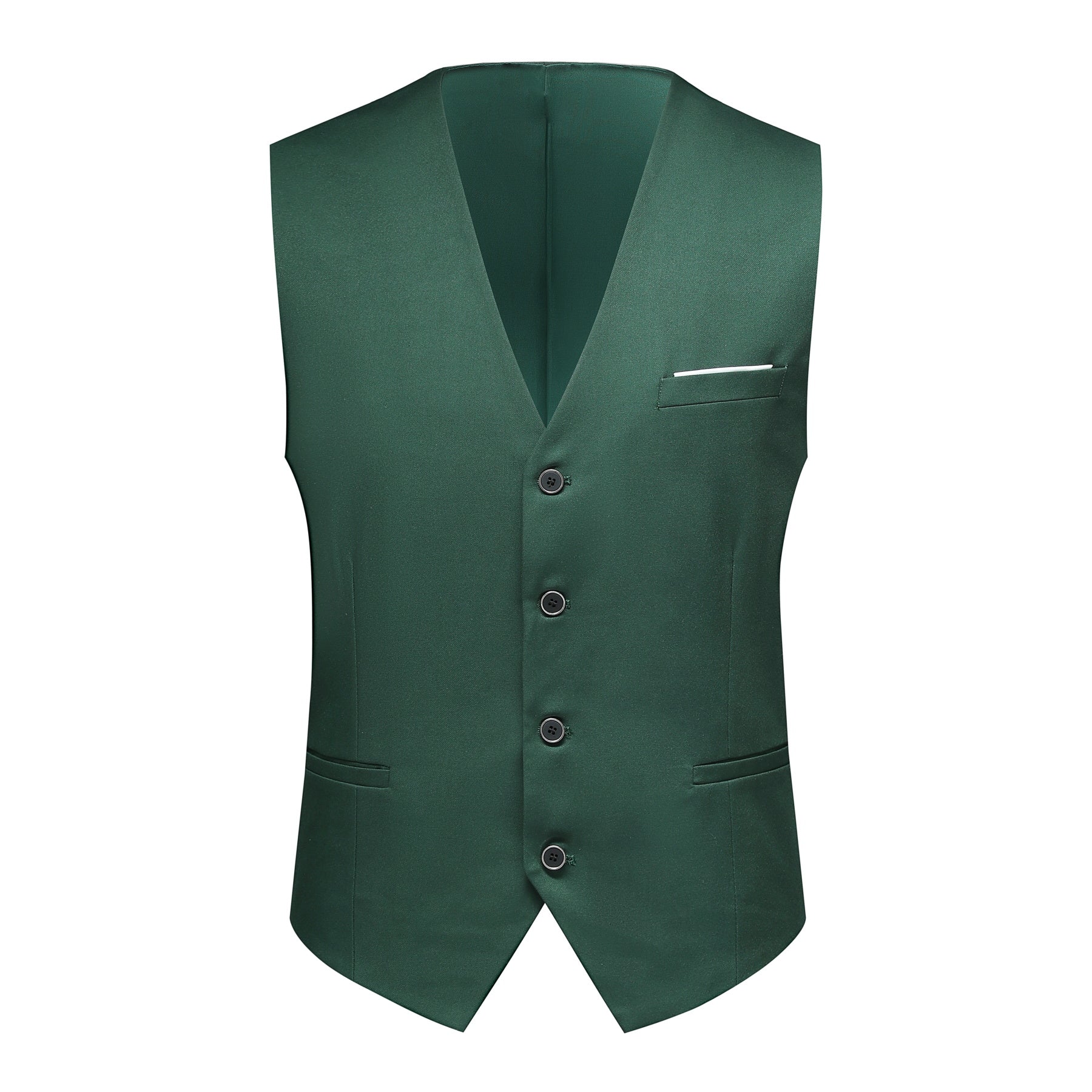 Green # Men's slim fit 3-piece notched lapel casual suit, solid green blazer jacket with matching vest and flat-front trousers, classic modern business formal wear set for office, wedding, party and daily events, isolated on white background.