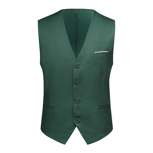 Green # Men's slim fit 3-piece notched lapel casual suit, solid green blazer jacket with matching vest and flat-front trousers, classic modern business formal wear set for office, wedding, party and daily events, isolated on white background.