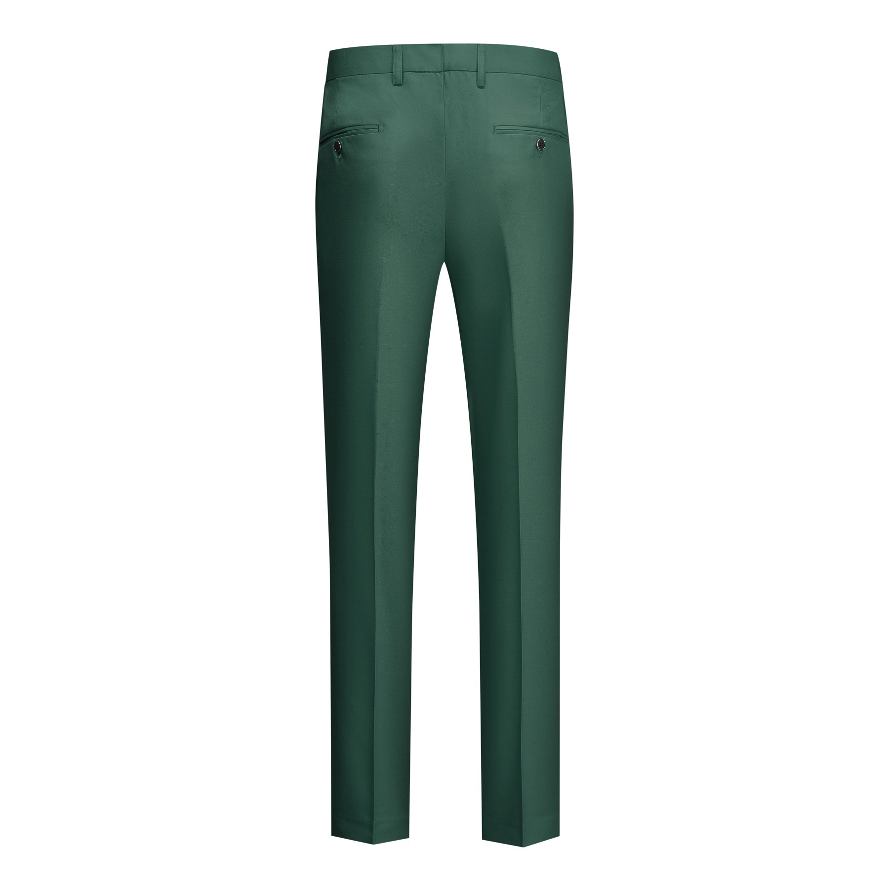 Green # Men's slim fit 3-piece notched lapel casual suit, solid green blazer jacket with matching vest and flat-front trousers, classic modern business formal wear set for office, wedding, party and daily events, isolated on white background.