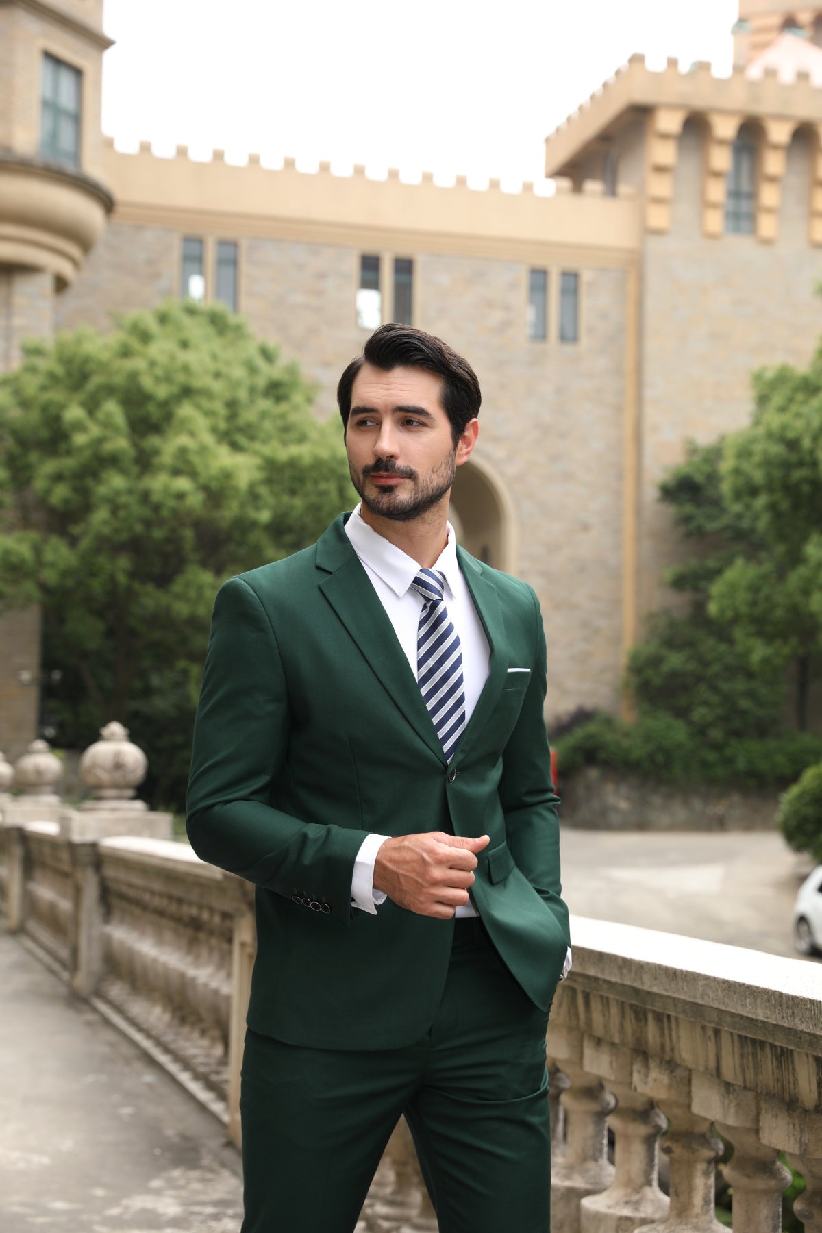 Green # Men's slim fit 3-piece notched lapel casual suit, solid green blazer jacket with matching vest and flat-front trousers, classic modern business formal wear set for office, wedding, party and daily events, isolated on white background.