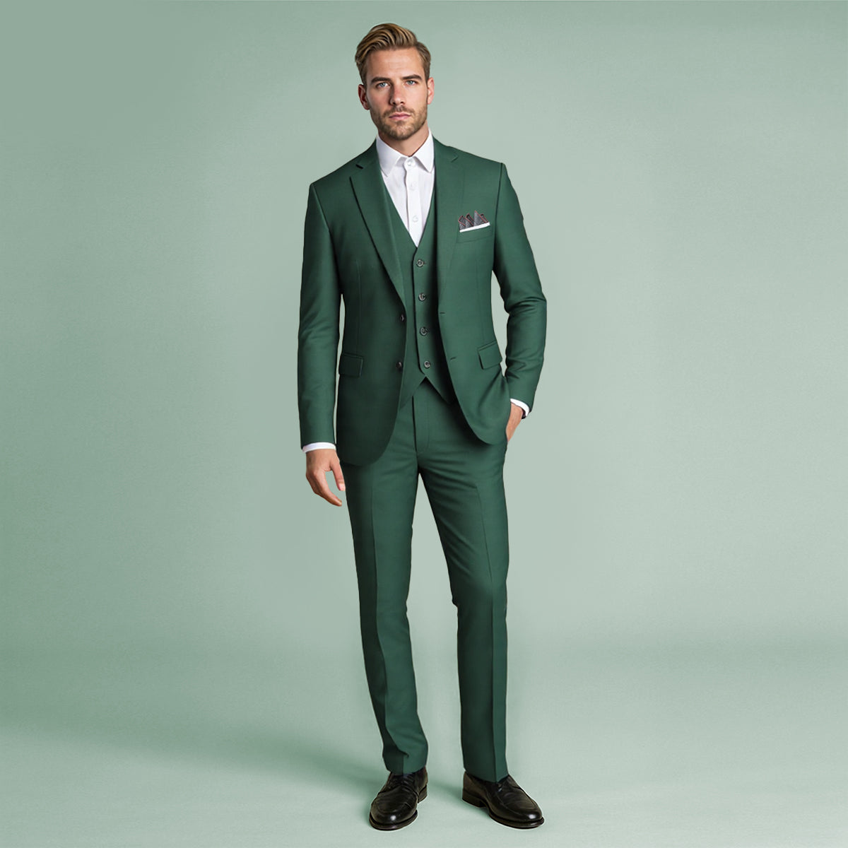 Green # Men's slim fit 3-piece notched lapel casual suit, solid green blazer jacket with matching vest and flat-front trousers, classic modern business formal wear set for office, wedding, party and daily events, isolated on white background.