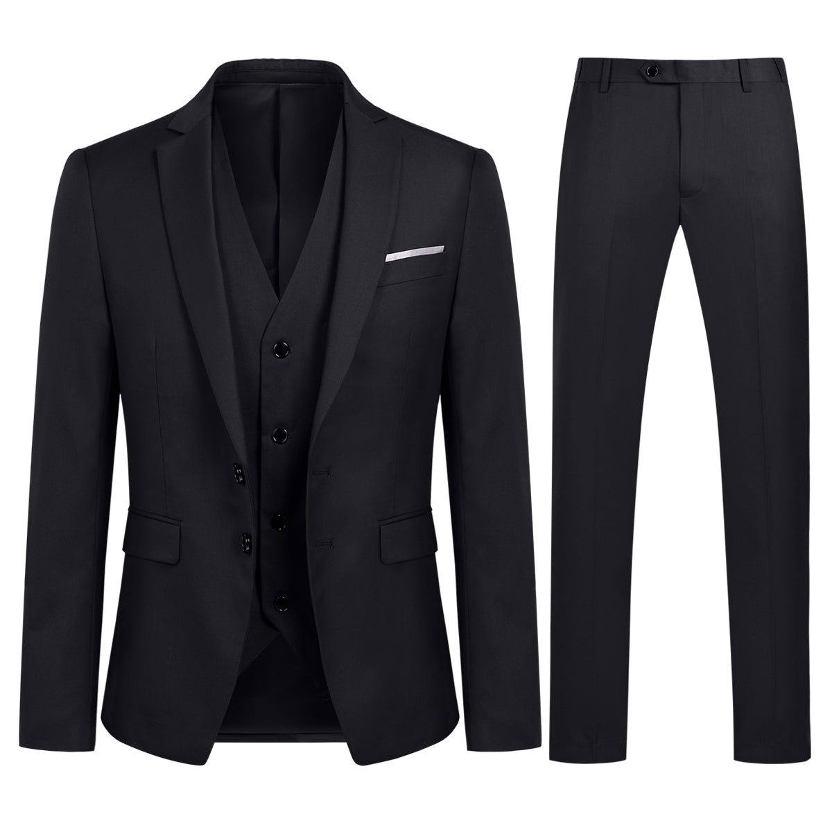 Black # Men's slim fit 3-piece suit with notched lapel and button closure, classic black formal blazer jacket with matching vest and flat-front trousers, elegant business casual wear for office, wedding, prom and daily events, isolated on white background.