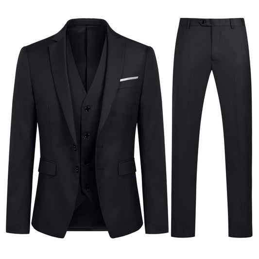 Black # Men's slim fit 3-piece suit with notched lapel and button closure, classic black formal blazer jacket with matching vest and flat-front trousers, elegant business casual wear for office, wedding, prom and daily events, isolated on white background.