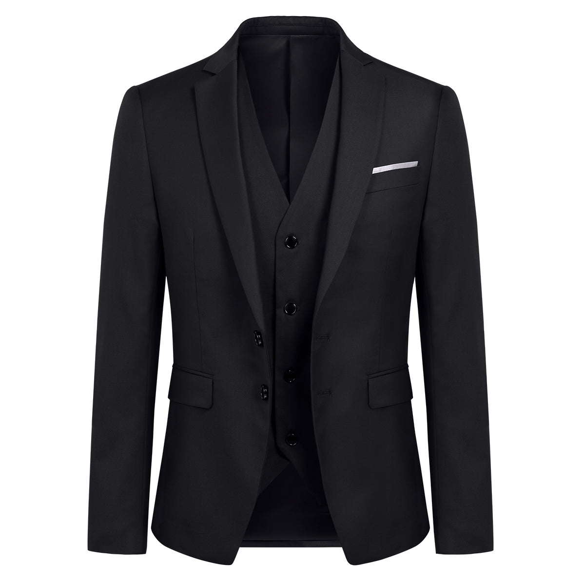 Black # Men's slim fit 3-piece suit with notched lapel and button closure, classic black formal blazer jacket with matching vest and flat-front trousers, elegant business casual wear for office, wedding, prom and daily events, isolated on white background.