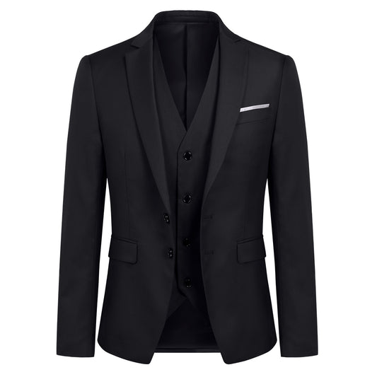 Black # Men's slim fit 3-piece suit with notched lapel and button closure, classic black formal blazer jacket with matching vest and flat-front trousers, elegant business casual wear for office, wedding, prom and daily events, isolated on white background.