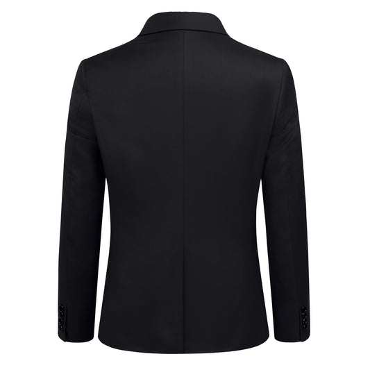 Black # Men's slim fit 3-piece suit with notched lapel and button closure, classic black formal blazer jacket with matching vest and flat-front trousers, elegant business casual wear for office, wedding, prom and daily events, isolated on white background.