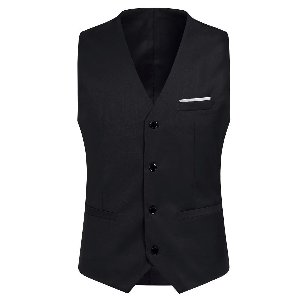 Black # Men's slim fit 3-piece suit with notched lapel and button closure, classic black formal blazer jacket with matching vest and flat-front trousers, elegant business casual wear for office, wedding, prom and daily events, isolated on white background.
