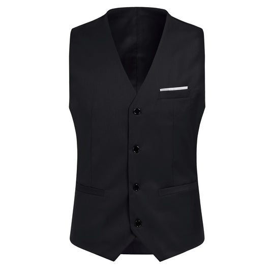 Black # Men's slim fit 3-piece suit with notched lapel and button closure, classic black formal blazer jacket with matching vest and flat-front trousers, elegant business casual wear for office, wedding, prom and daily events, isolated on white background.