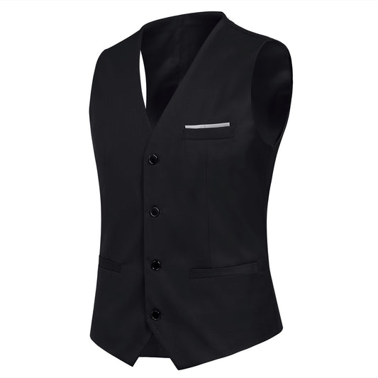 Black # Men's slim fit 3-piece suit with notched lapel and button closure, classic black formal blazer jacket with matching vest and flat-front trousers, elegant business casual wear for office, wedding, prom and daily events, isolated on white background.