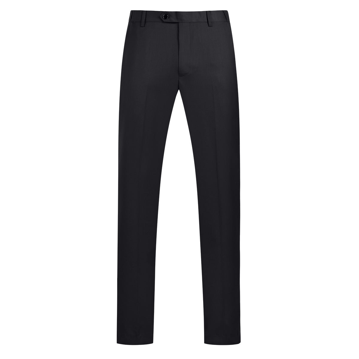 Black # Men's slim fit 3-piece suit with notched lapel and button closure, classic black formal blazer jacket with matching vest and flat-front trousers, elegant business casual wear for office, wedding, prom and daily events, isolated on white background.