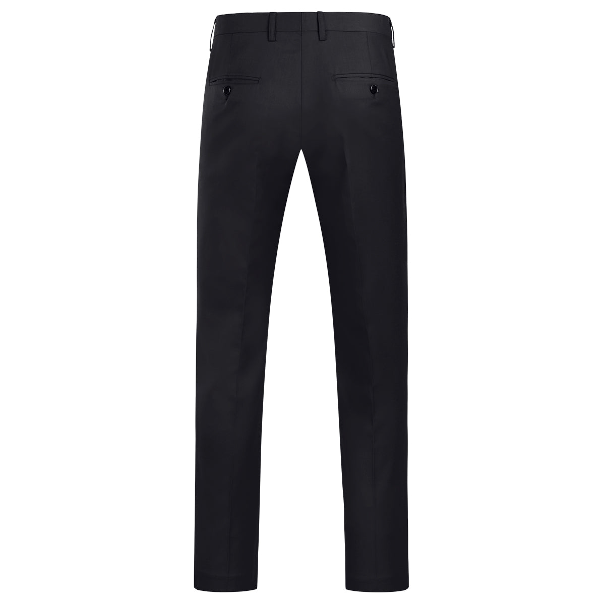 Black # Men's slim fit 3-piece suit with notched lapel and button closure, classic black formal blazer jacket with matching vest and flat-front trousers, elegant business casual wear for office, wedding, prom and daily events, isolated on white background.