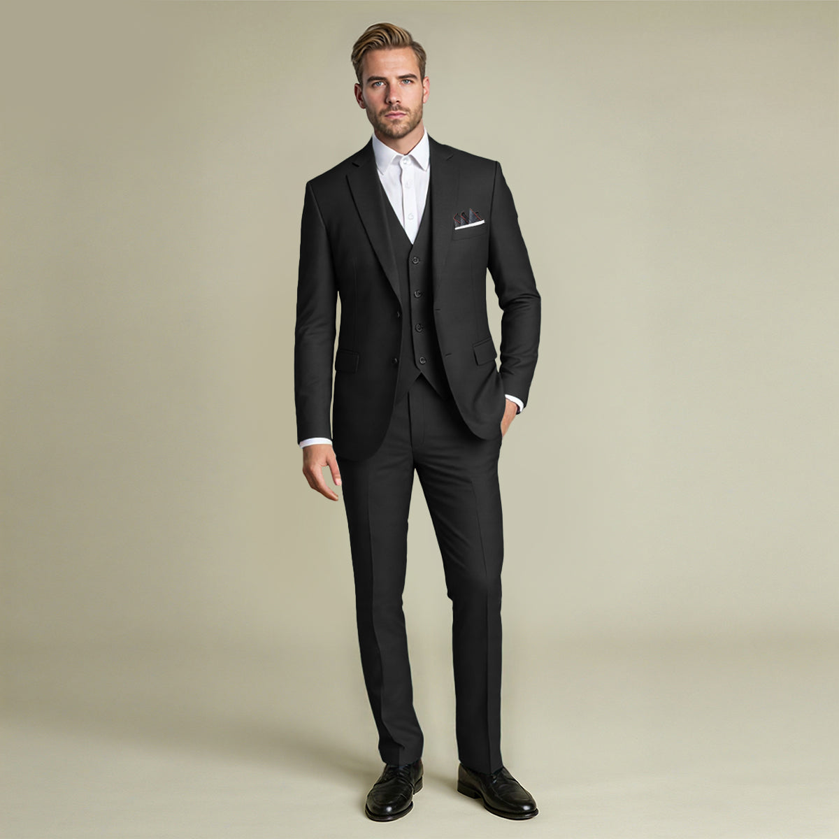 3-Piece Notched Lapel Casual Black Suit -Cloudstyle