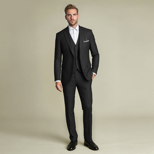 Black # Men's slim fit 3-piece suit with notched lapel and button closure, classic black formal blazer jacket with matching vest and flat-front trousers, elegant business casual wear for office, wedding, prom and daily events, isolated on white background.
