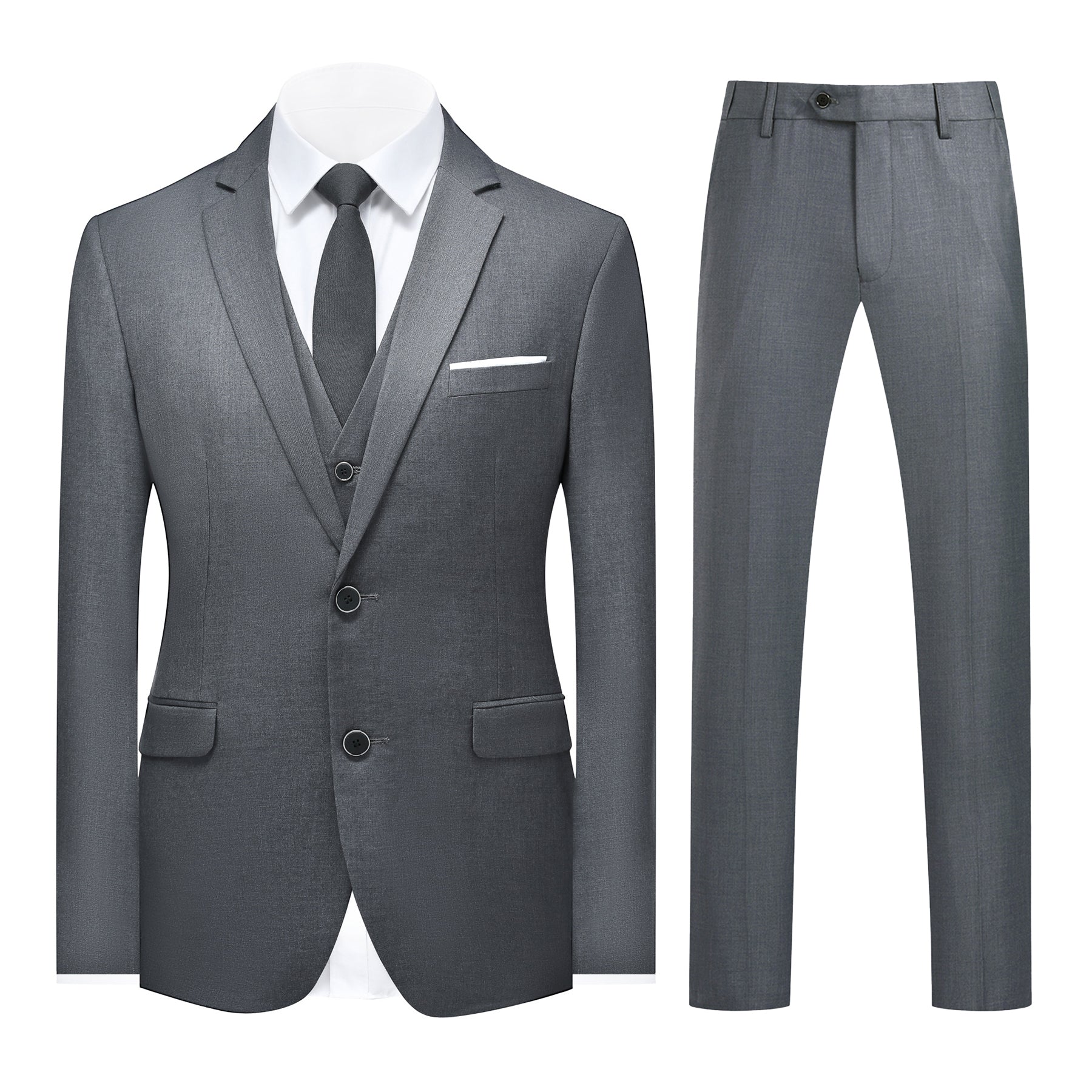 Grey # Men's slim fit 3-piece suit with notched lapel and four-button cuffs, solid grey formal blazer jacket with matching vest and flat-front trousers, classic elegant business wear for office, wedding, prom and daily events, isolated on white background.