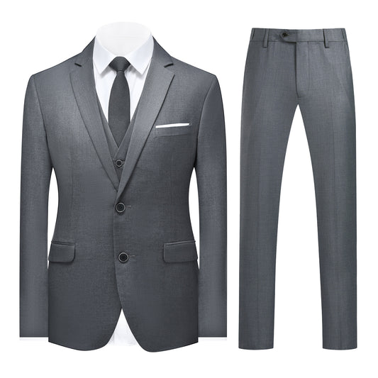 Grey # Men's slim fit 3-piece suit with notched lapel and four-button cuffs, solid grey formal blazer jacket with matching vest and flat-front trousers, classic elegant business wear for office, wedding, prom and daily events, isolated on white background.
