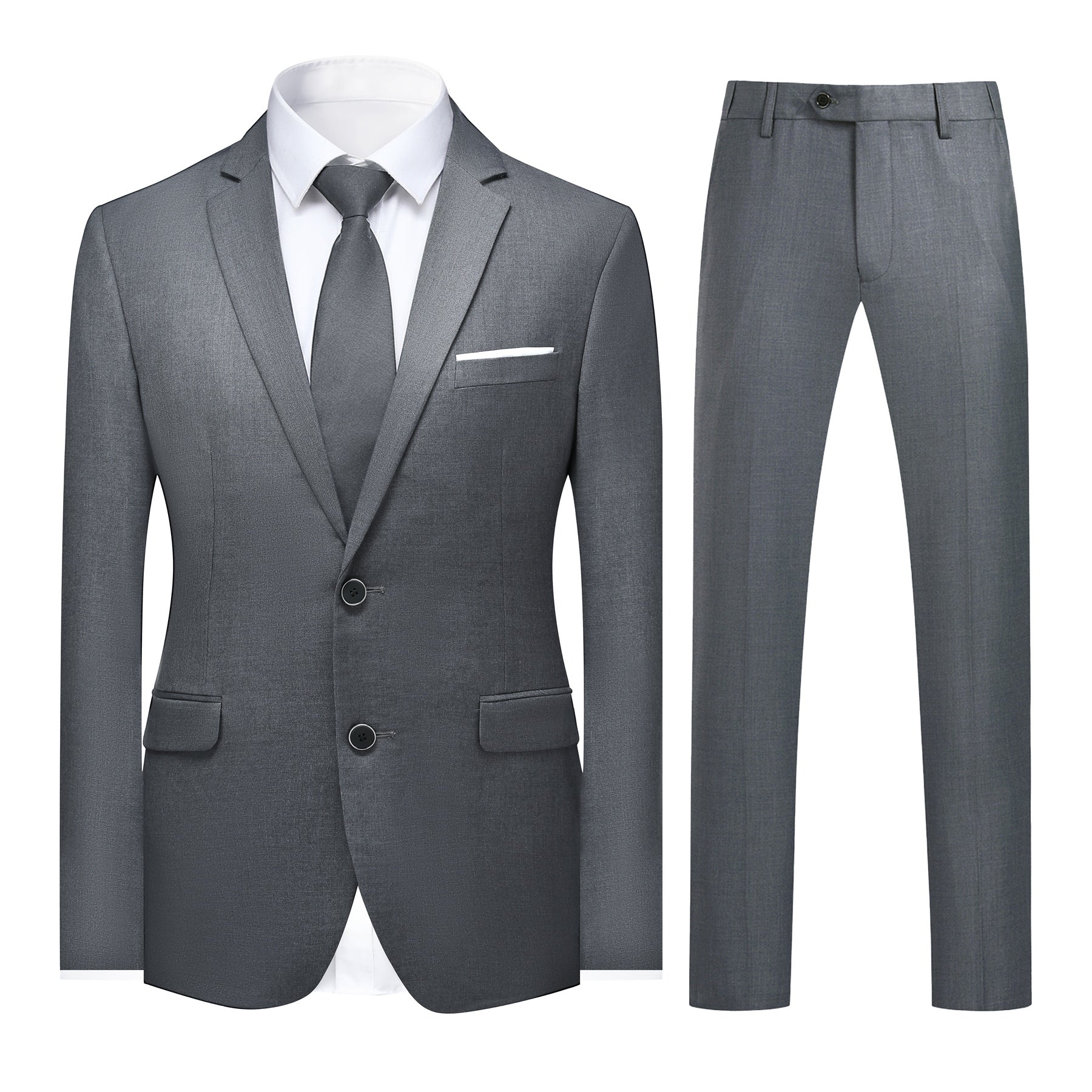 Grey # Men's slim fit 3-piece suit with notched lapel and four-button cuffs, solid grey formal blazer jacket with matching vest and flat-front trousers, classic elegant business wear for office, wedding, prom and daily events, isolated on white background.