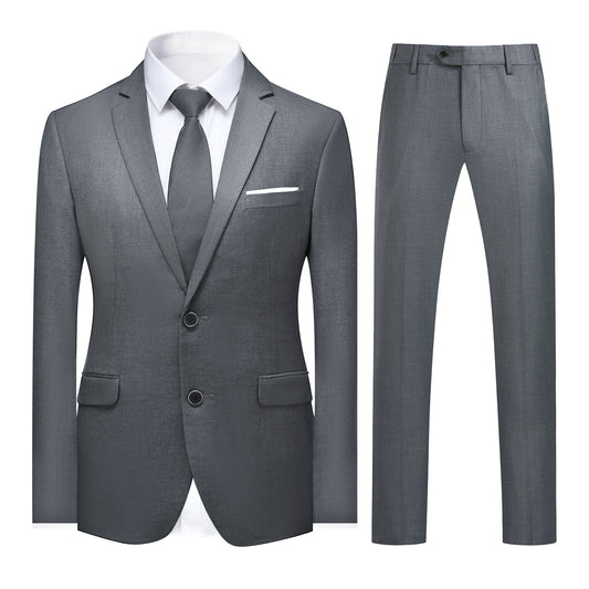 Grey # Men's slim fit 3-piece suit with notched lapel and four-button cuffs, solid grey formal blazer jacket with matching vest and flat-front trousers, classic elegant business wear for office, wedding, prom and daily events, isolated on white background.