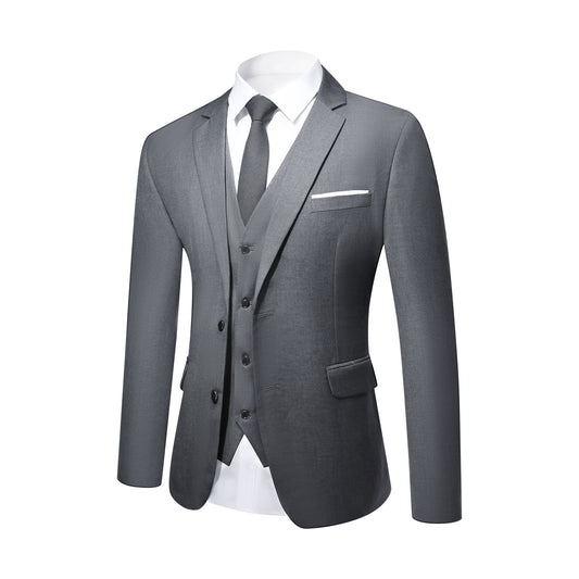 Grey # Men's slim fit 3-piece suit with notched lapel and four-button cuffs, solid grey formal blazer jacket with matching vest and flat-front trousers, classic elegant business wear for office, wedding, prom and daily events, isolated on white background.