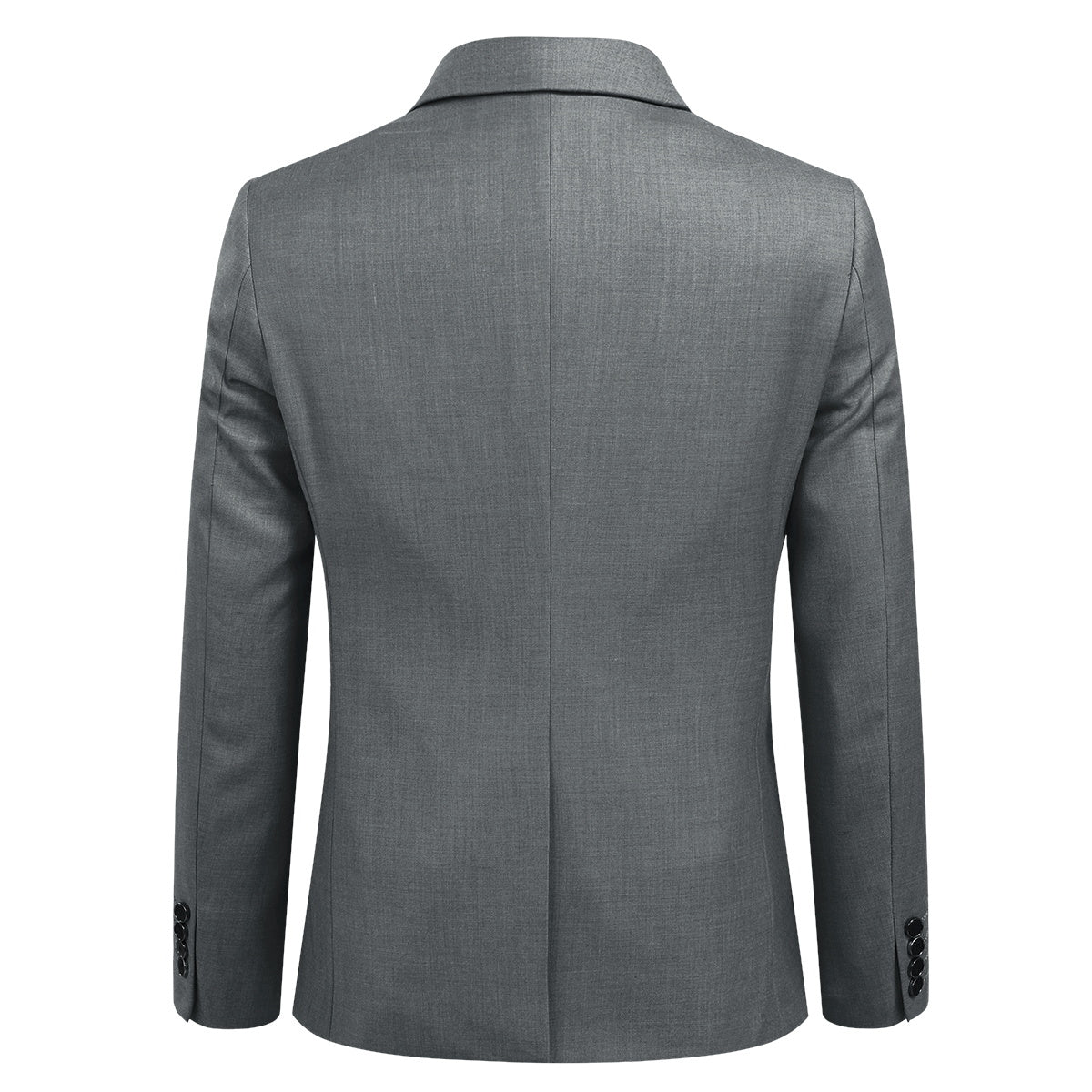 Grey # Men's slim fit 3-piece suit with notched lapel and four-button cuffs, solid grey formal blazer jacket with matching vest and flat-front trousers, classic elegant business wear for office, wedding, prom and daily events, isolated on white background.