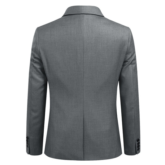 Grey # Men's slim fit 3-piece suit with notched lapel and four-button cuffs, solid grey formal blazer jacket with matching vest and flat-front trousers, classic elegant business wear for office, wedding, prom and daily events, isolated on white background.