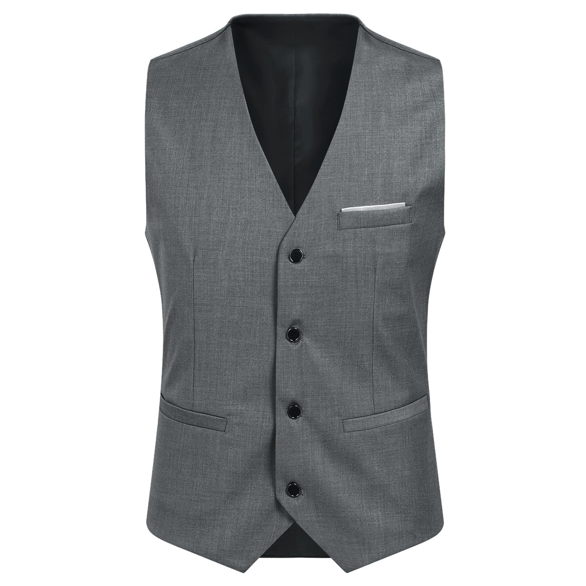 Grey # Men's slim fit 3-piece suit with notched lapel and four-button cuffs, solid grey formal blazer jacket with matching vest and flat-front trousers, classic elegant business wear for office, wedding, prom and daily events, isolated on white background.