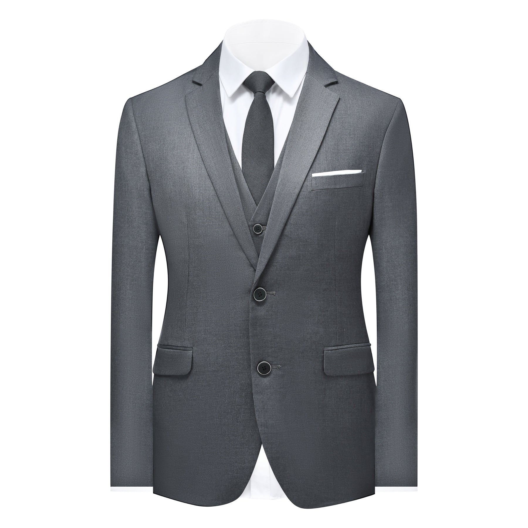 Grey # Men's slim fit 3-piece suit with notched lapel and four-button cuffs, solid grey formal blazer jacket with matching vest and flat-front trousers, classic elegant business wear for office, wedding, prom and daily events, isolated on white background.