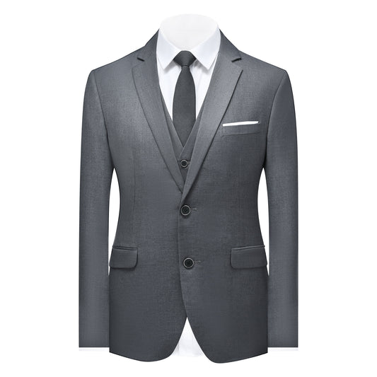 Grey # Men's slim fit 3-piece suit with notched lapel and four-button cuffs, solid grey formal blazer jacket with matching vest and flat-front trousers, classic elegant business wear for office, wedding, prom and daily events, isolated on white background.