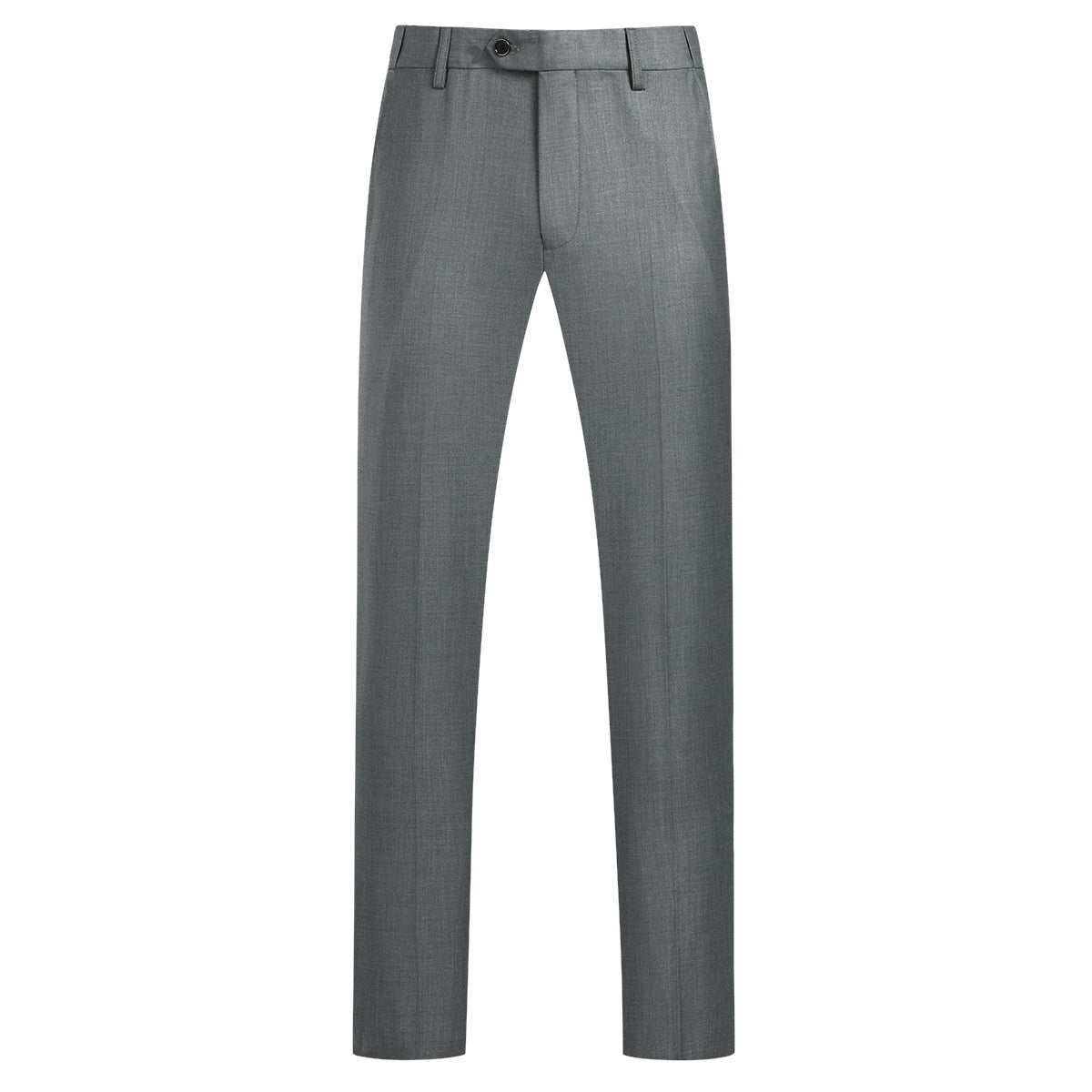 Grey # Men's slim fit 3-piece suit with notched lapel and four-button cuffs, solid grey formal blazer jacket with matching vest and flat-front trousers, classic elegant business wear for office, wedding, prom and daily events, isolated on white background.