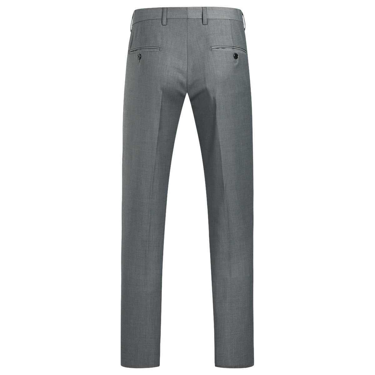 Grey # Men's slim fit 3-piece suit with notched lapel and four-button cuffs, solid grey formal blazer jacket with matching vest and flat-front trousers, classic elegant business wear for office, wedding, prom and daily events, isolated on white background.