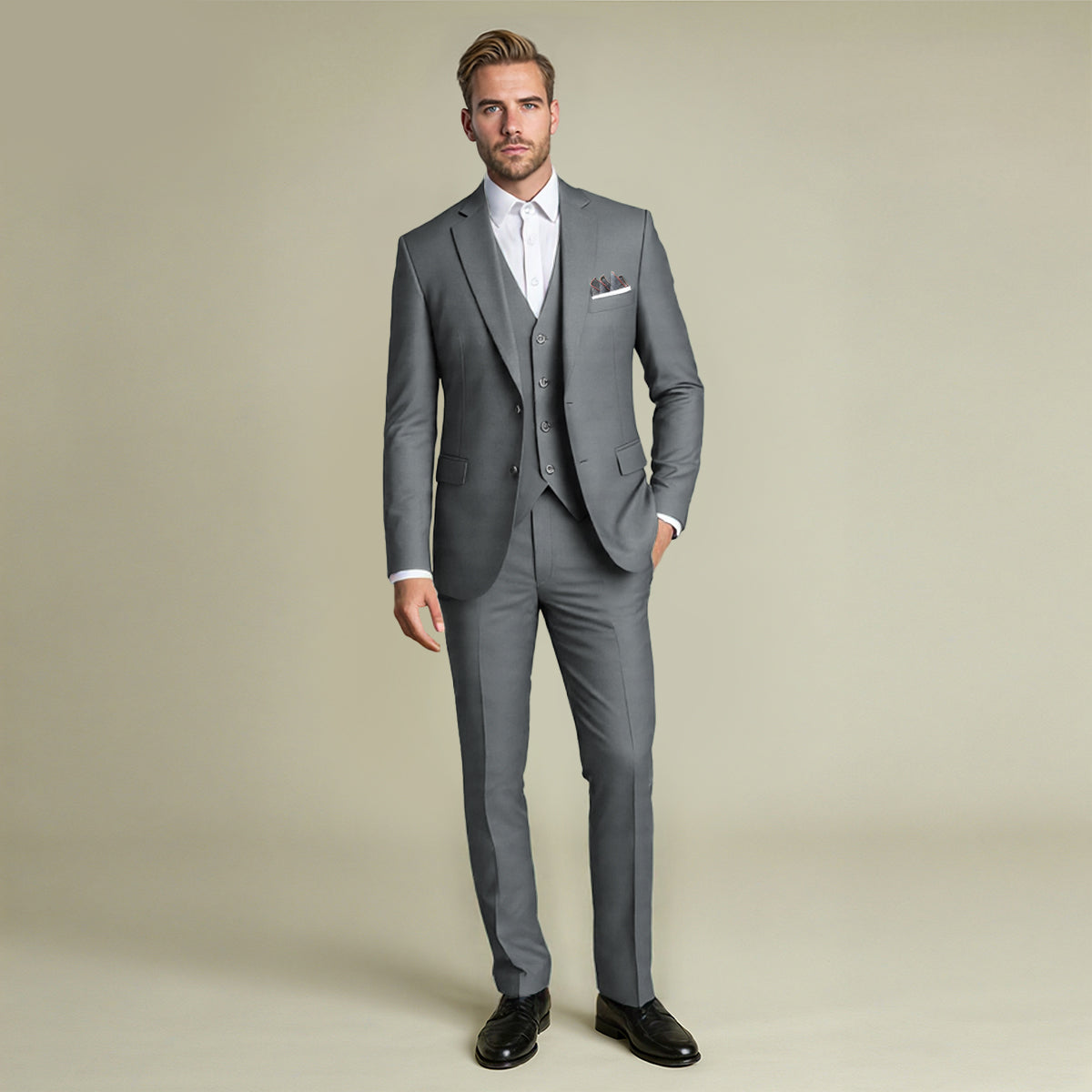 Grey # Men's slim fit 3-piece suit with notched lapel and four-button cuffs, solid grey formal blazer jacket with matching vest and flat-front trousers, classic elegant business wear for office, wedding, prom and daily events, isolated on white background.