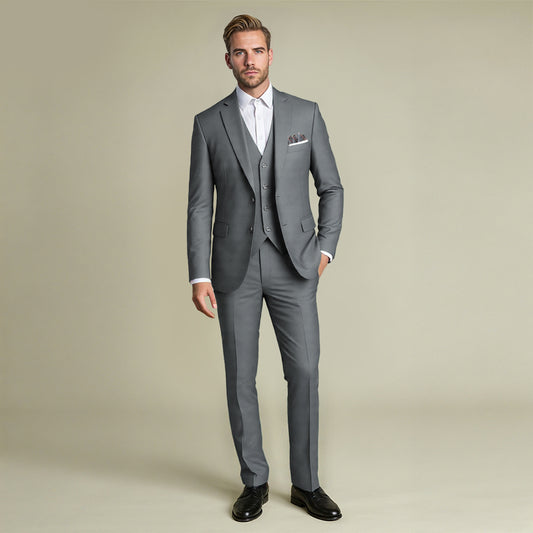 Grey # Men's slim fit 3-piece suit with notched lapel and four-button cuffs, solid grey formal blazer jacket with matching vest and flat-front trousers, classic elegant business wear for office, wedding, prom and daily events, isolated on white background.