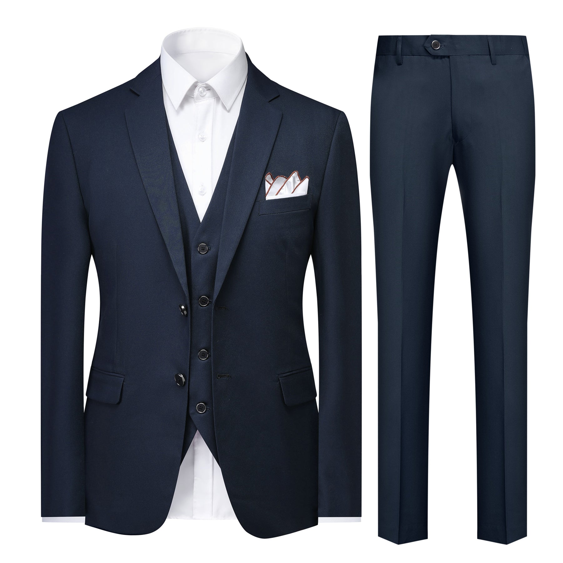 Navy # Men's slim fit 3-piece suit with notched lapel and button closure, classic navy casual formal wear set including blazer jacket, matching trousers and vest, elegant business attire for office, wedding, prom and daily events, isolated on white background.