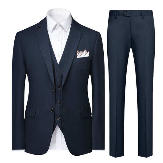 Navy # Men's slim fit 3-piece suit with notched lapel and button closure, classic navy casual formal wear set including blazer jacket, matching trousers and vest, elegant business attire for office, wedding, prom and daily events, isolated on white background.