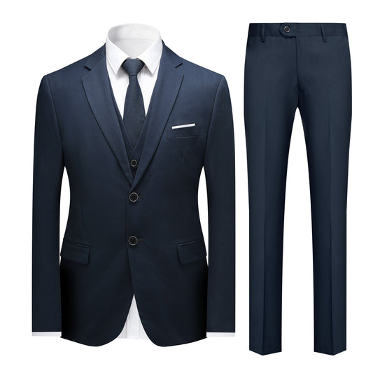 Navy # Men's slim fit 3-piece suit with notched lapel and button closure, classic navy casual formal wear set including blazer jacket, matching trousers and vest, elegant business attire for office, wedding, prom and daily events, isolated on white background.