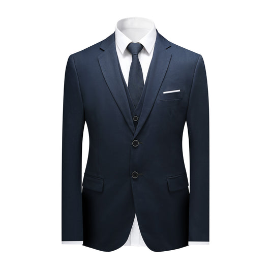 Navy # Men's slim fit 3-piece suit with notched lapel and button closure, classic navy casual formal wear set including blazer jacket, matching trousers and vest, elegant business attire for office, wedding, prom and daily events, isolated on white background.