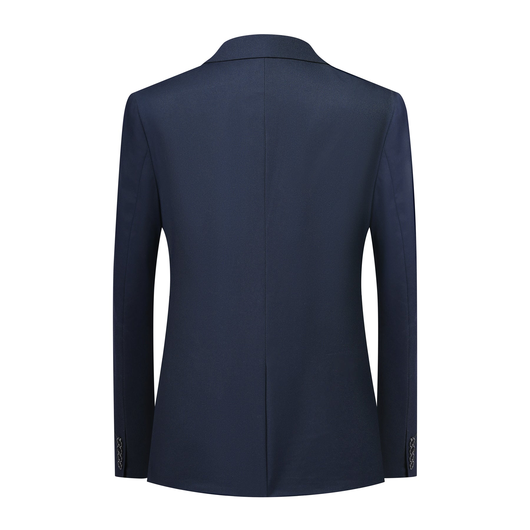Navy # Men's slim fit 3-piece suit with notched lapel and button closure, classic navy casual formal wear set including blazer jacket, matching trousers and vest, elegant business attire for office, wedding, prom and daily events, isolated on white background.