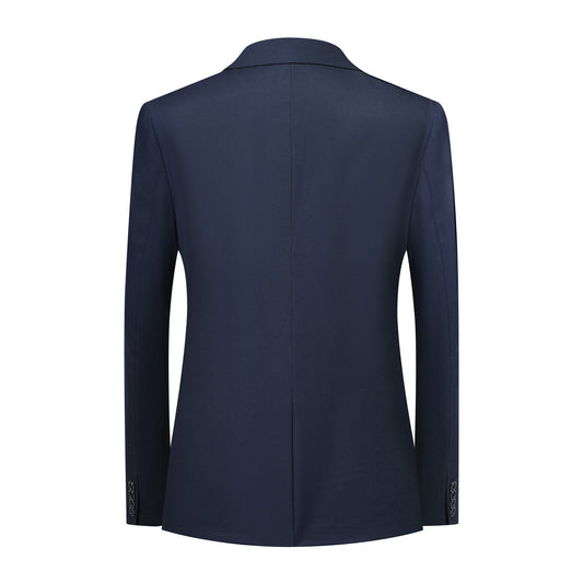 Navy # Men's slim fit 3-piece suit with notched lapel and button closure, classic navy casual formal wear set including blazer jacket, matching trousers and vest, elegant business attire for office, wedding, prom and daily events, isolated on white background.