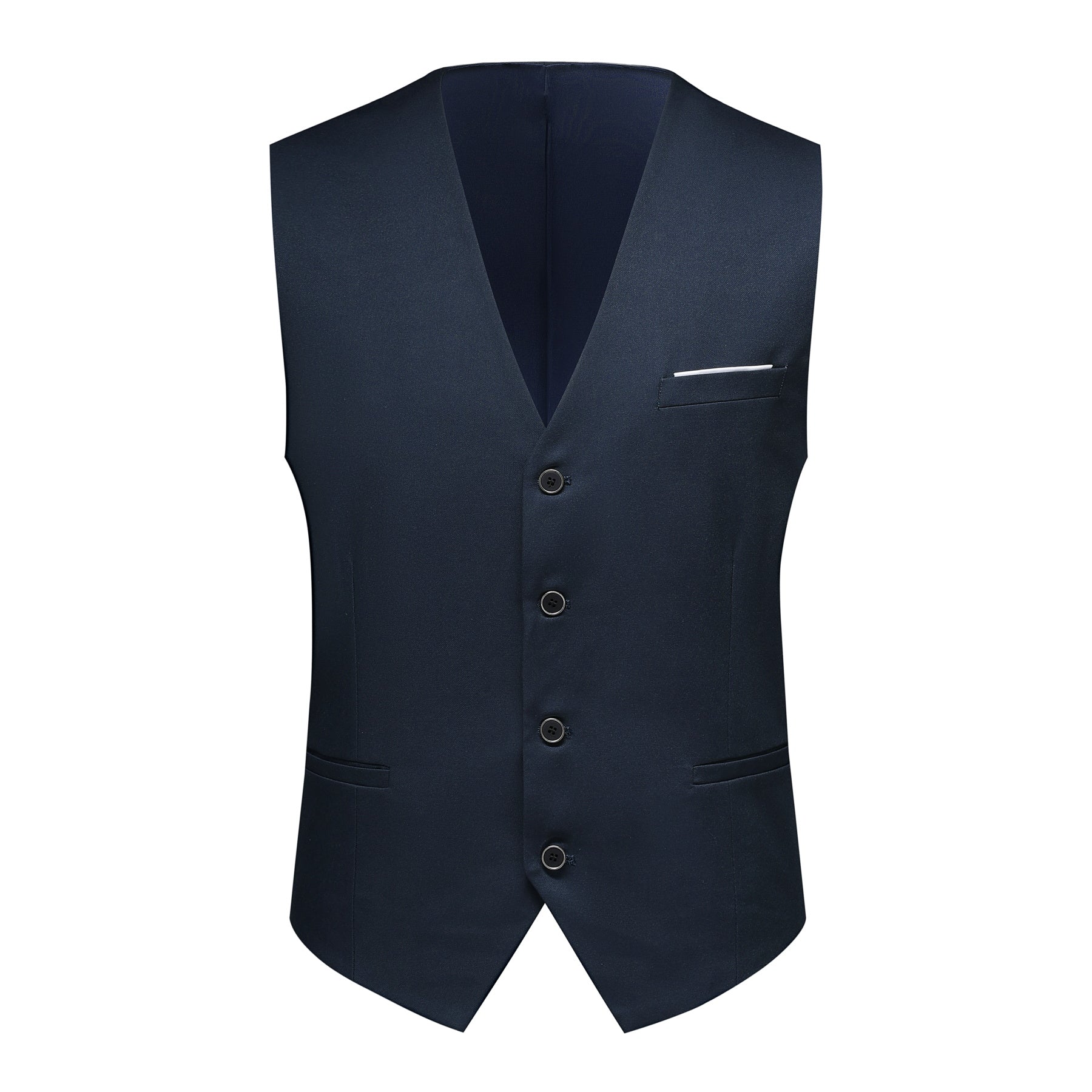 Navy # Men's slim fit 3-piece suit with notched lapel and button closure, classic navy casual formal wear set including blazer jacket, matching trousers and vest, elegant business attire for office, wedding, prom and daily events, isolated on white background.