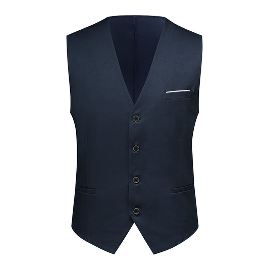 Navy # Men's slim fit 3-piece suit with notched lapel and button closure, classic navy casual formal wear set including blazer jacket, matching trousers and vest, elegant business attire for office, wedding, prom and daily events, isolated on white background.